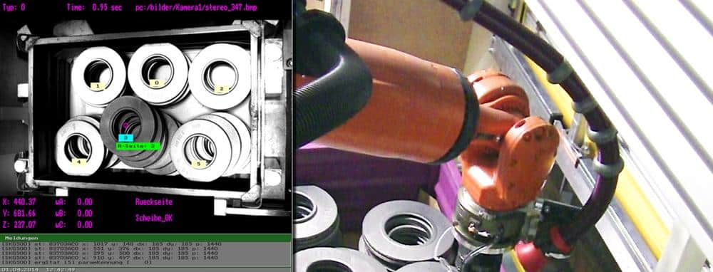 3D-Erkennungssystem: Das Pick & Place System entnimmt Bremsscheiben mittels Roboterarm aus einem Schwergutbehälter